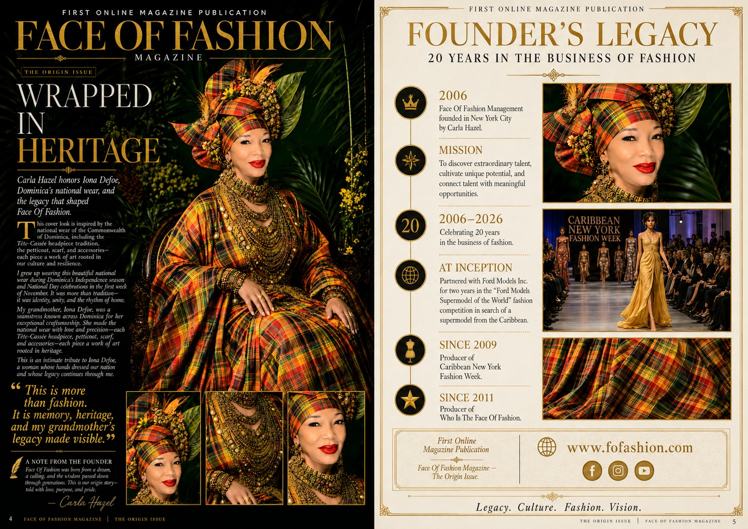 Face Of Fashion Magazine — The Origin Issue. Wrapped in Heritage feature spread and Founder's Legacy timeline.